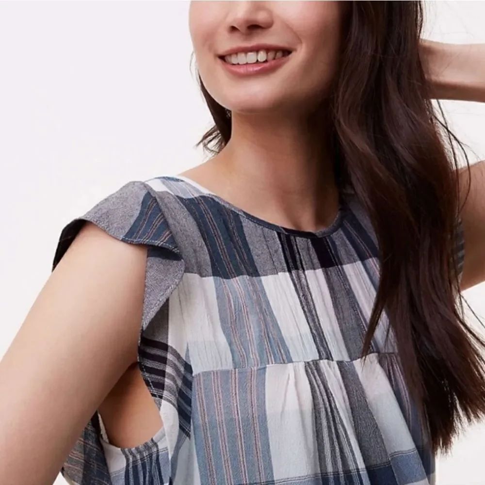 Loft Blue Plaid Rayon Sleeveless Ruffle Blouse